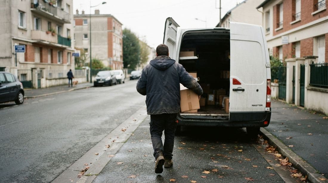 Une personne vue de dos portant un carton vers un fourgon blanc
