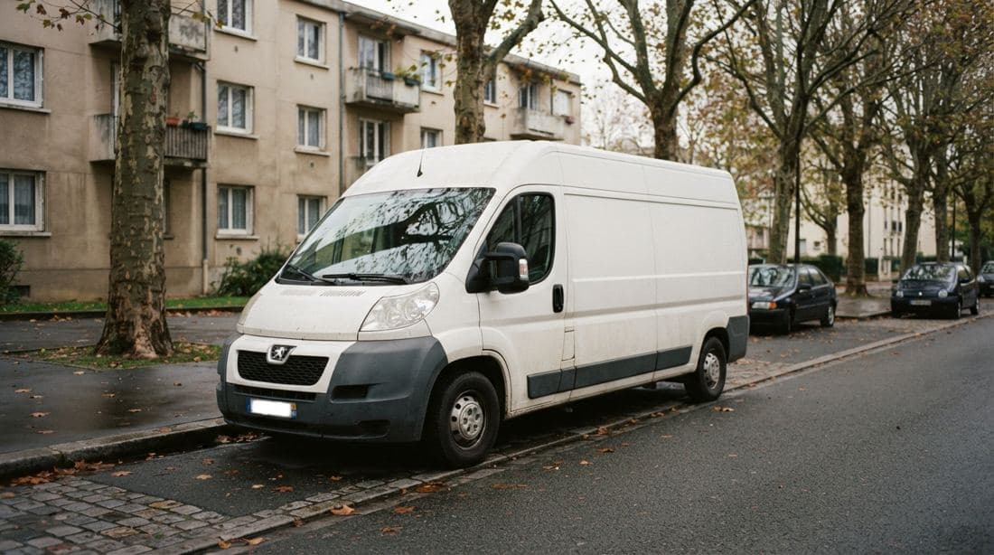 Grand fourgon blanc stationné le long d'une rue bordée de platanes