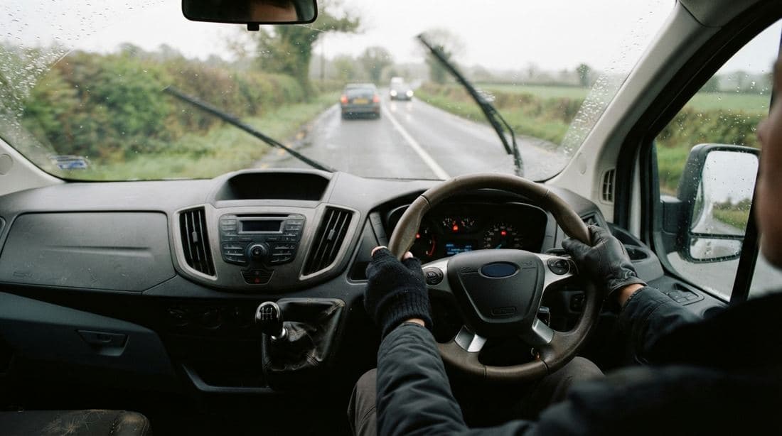 Vue depuis le poste de conduite d'un utilitaire sur route mouillée
