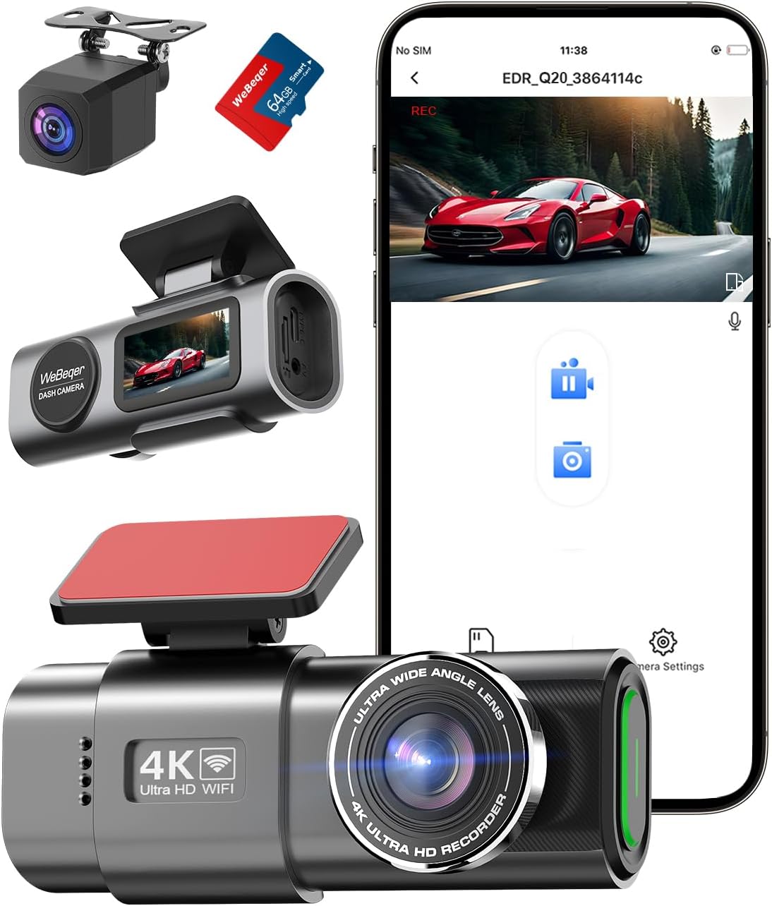 caméra embarquée wifi avant arrière 4k+1080p,dashcam avec carte sd 64 g, contrôle par application,vision nocturne, capteur g, enregistrement en boucle, wdr